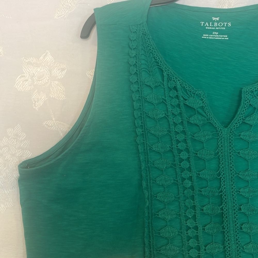 Talbots 2XP Sleeveless Tank Top Green 100% COTTON. Crochet detail on top Preworn - Picture 5 of 13